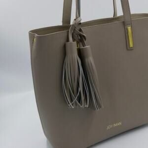 JOY & IMAN Tassel Real Leather Handbag Tote with Fabric Insert, Black New